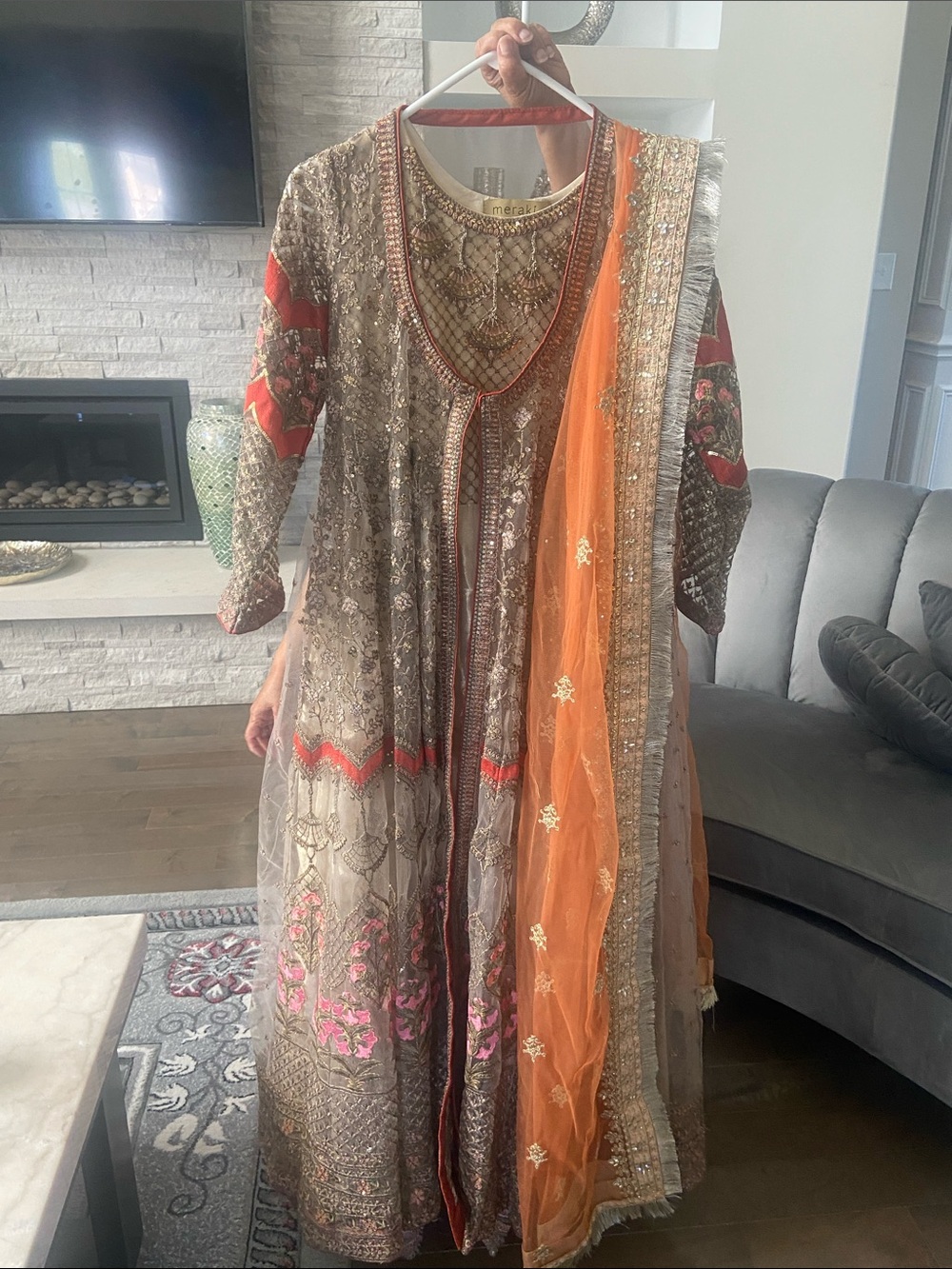 Elegant Embroidered Brown & Orange Anarkali maxi Pishwas front open coat style